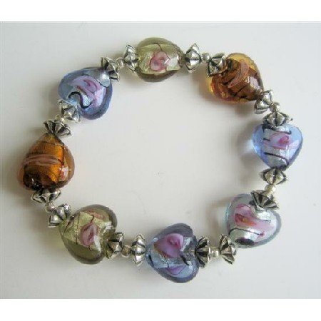 TB553 Multi Colored Heart Stretchable Bracelet w/ Bali Silver Spacer Bracelet