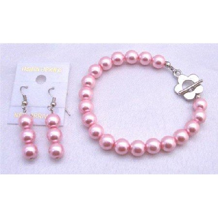 TB669 Bracelet & Earrings Set In Pink Pearls Flower Clasp Bracelet