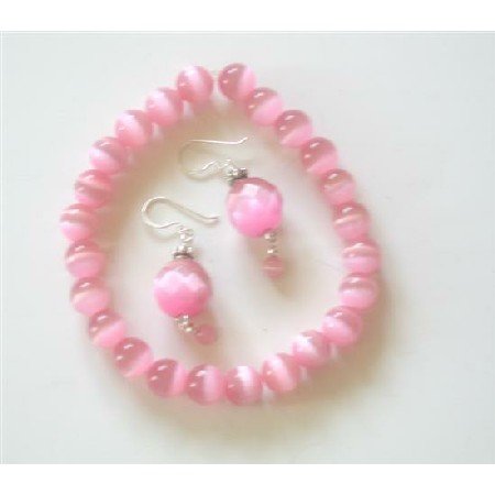 TB417 Pink Cat Eye Faceted Bead w/ Sterling Silver 92.5 Earrings & Bali Silver