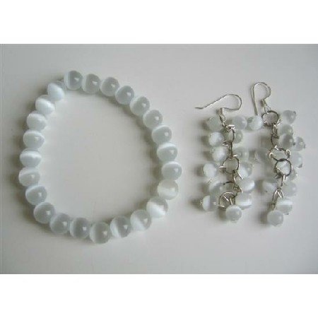 TB530 White Cat Eye 8mm Bracelet Stretchable & Earrings
