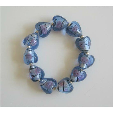 TB301 Millefiori Venetian Glass Heart Stretchable Bracelet w/ Silver Beads