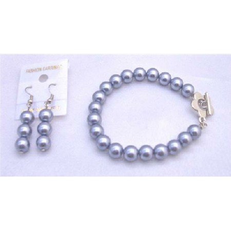 TB666 Pearls Bracelet & Earrings Set In Dark Grey Pearls w/ Flower Clasp Bracelet