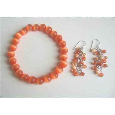 TB534 8mm Cat Eye Jewely Citrine Orange Pure Cat Eye Stretchable Bracelet & Earrings