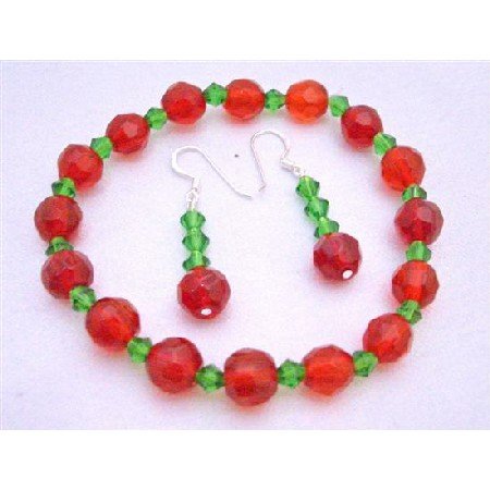 TB618 Red/Green Beads Stretchable Bracelet Earrings Glass Beads & Simulated Crystals