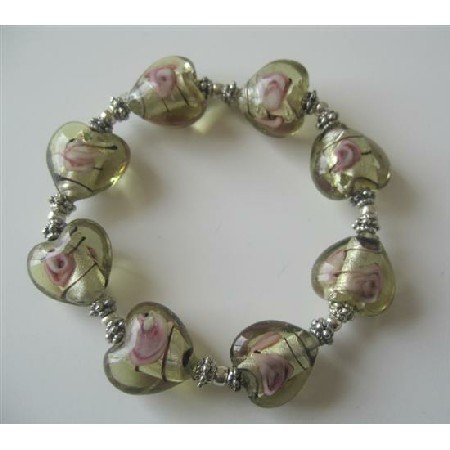 TB368 Heart Millefiori Venetian Glass Stretchable Bracelet w/ Silver Beads