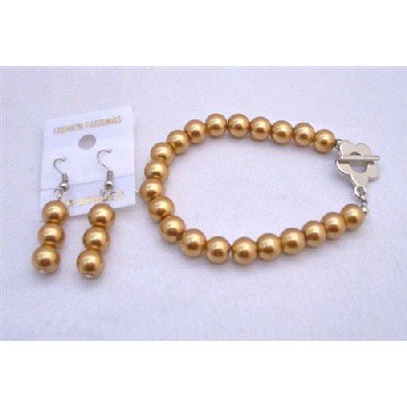 TB667 Golden Pearls Bracelet & Earrings Set Flower Clasp Bracelet
