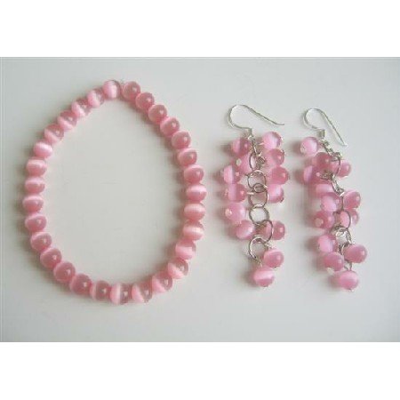 TB535 Pink Cats Eye Stone Bead Beaded Dangle Hook Earrings Stretch Bracelets