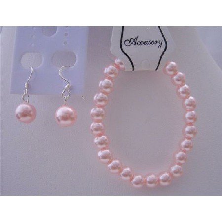 TB630 Pink Pearls Jewlery Bracelet Sterling Silver Hook Earrings