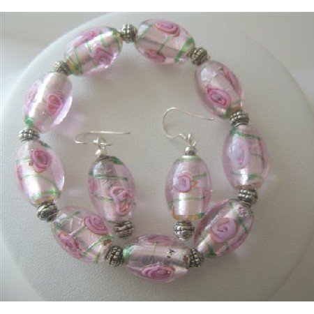 TB365 Pink MILLEFIORI VENETIAN GLASS BEADS Stretchable Bracelet/Sterling Silver Earrings