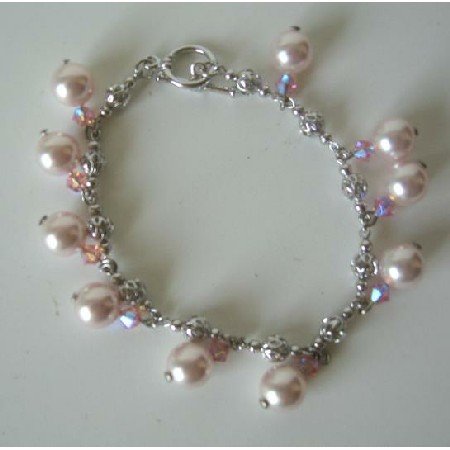 TB292 Rose Pink Pearls & Swarovski AB Rose Pink Crystals Bridal Bridemaides Bracelet