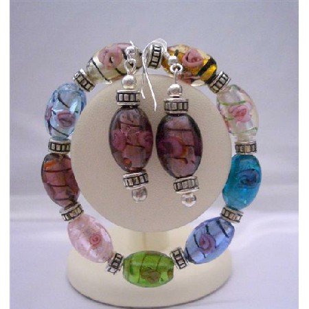 TB326 Murano Glass Beads Stretchable Bracelet Colorful Beads With Sterling Earrings Jewelry