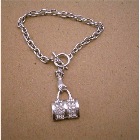 TB337 Purse Dangling Bracelet Beautiful Hand Holding CZ Pruse Dangling in Simulated Diamond