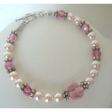 TB274 Handcrafted Custom Bracelet Genuine Swarovski Pearls & Crystals Pink Jewelry