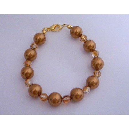 TB298 Swarovski Copper Crystals Pearls Bracelet New Handmade w/Gold Plated Clasp