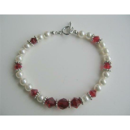 TB333 White Pearls And Swarovski Siam Red Crystals Bracelet Handmade