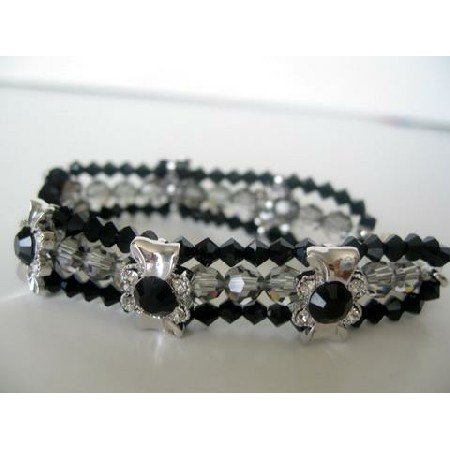 TB269 3 Strands Bracelet Genuine Swarovski Black Diamond Crystals & Jet Crystals Latch Clasp