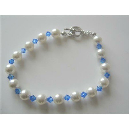 TB382 Sapphire Swarovski Crystals w/ White Pearls Bracelet Handmade Genuine Bracelet