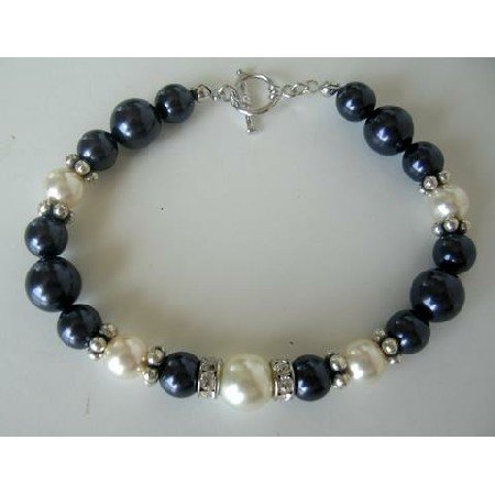 TB267 Fine Bracelet Genuine Swarovski Pearls & Silver Rondells w/ Toggle Clasp 7 inches Bracelet