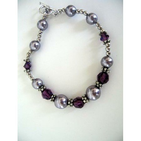 TB266 Bali Silver Bracelet w/ Genuine Swarovski Pearls & Crystals 7 inches Bracelet