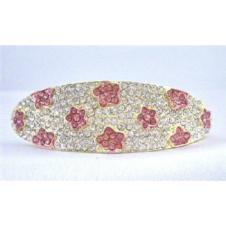 HA500Hair Barrette Fully Encrusted Clear Crystals w/ Pink Flower Crystals Embedded Bridal Hair Clip