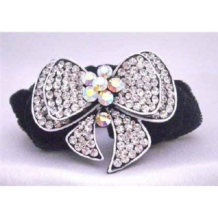 HA462 Fancy Hair Rubber Band Bow FUlly Encrusted Cubic Zircon w/ Velvet Strong Hair Band