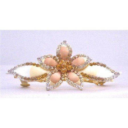 HA467 Flower Bridal Hand Painted Hair Barrette In Smoked Topaz & Golden Shadow Crystals