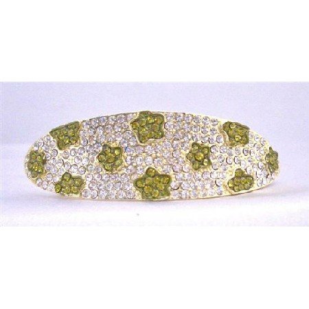 HA499 Bridemaides Wedding Hair Barrette Fully Encrusted Clear Crystals w/ Peridot Flower Crystals