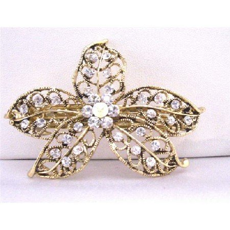 HA471 Antique Gold Flower Vintage Hair Barrette Embedded w/ Cubic Zircon Hair Clip