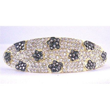 HA497 Clear Crystals Bridal Hair Barrette Fully Encrusted w/ Black Jet Flower Crystals Embedded