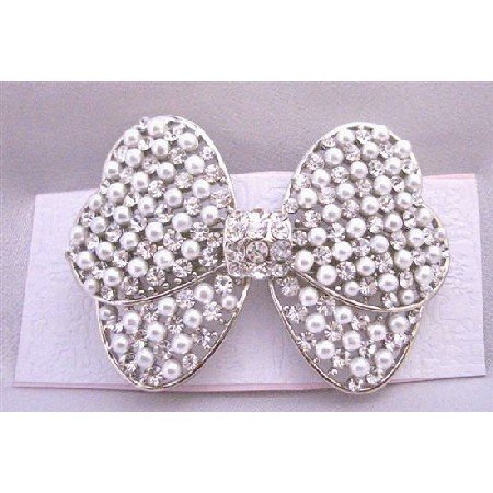 HA493 Bridal Hair Barrette White Pearls & Simulated Diamond Bow Beautiful Hair Clip
