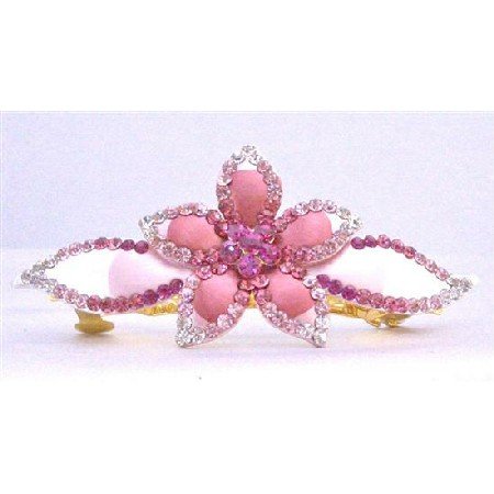 HA469 Bridal Head Piece Hand Painted With Light & Dark Pink Crystals Hair Clip