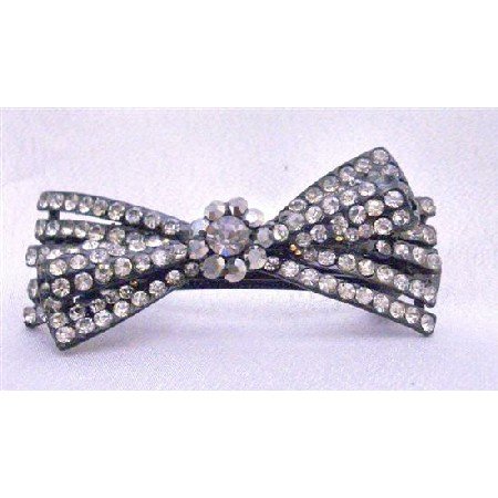 HA455 Hermitite Hair Barrette Encrusted w/ Black Diamond & Clear Rhinestones Bridal Hair Clip
