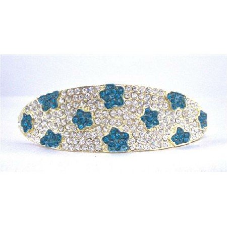 HA498 Blue Crystals Flower Prom Bridal Hair Jewlery Clear Crystals Bridal Hair Barrette