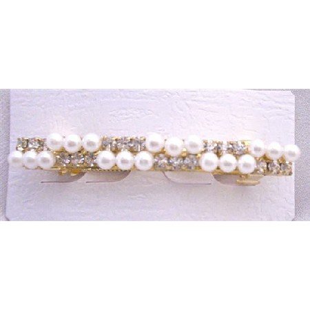 HA461 Bridal Hair Pin Inexpensive Hair Clip Pearls & Simulated Diamond Gold Hair Barrette