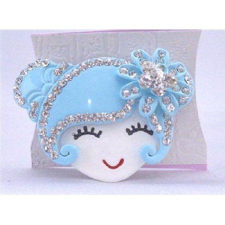 HA463 Metal Aquamarine Doll Face Hair Band Decorated w/ Simulated Diamond Hand Painted
