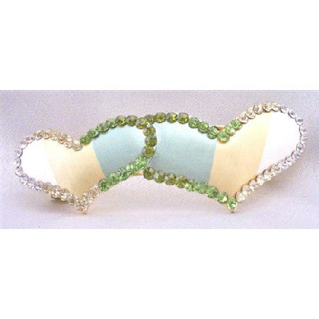 HA474 Valentine Gift w/ Heart Hair Barrette Hand Painted w/ Peridot Clear & Olivine Crystals