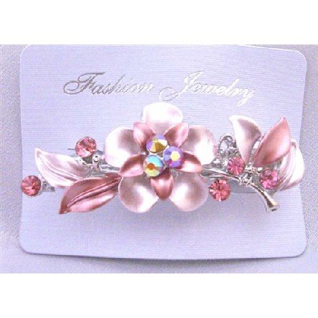 HA488 Bridal Prom Hair Barrette Beautfully Decorated Flower Pink Crystals Hair Barrette