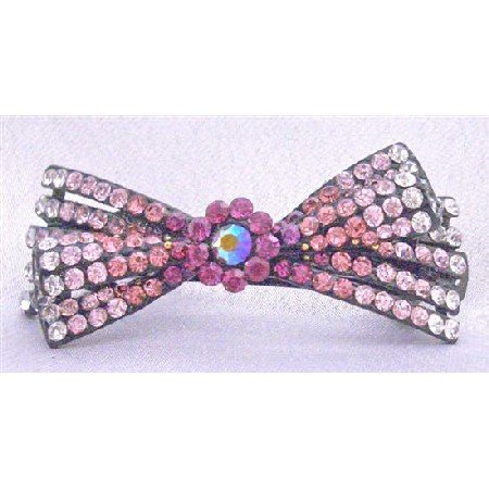 HA458 Pink Bow Hair Barrette Promp Hair Clip Fuschia Rose LIte ROse & Clear Rhinestones