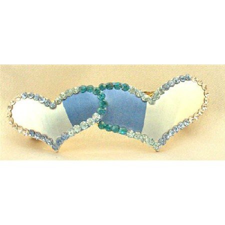 HA472 Heart Hair Barrette Painted w/ Aquamarine Clear & Erinite Crystals Prom Wedding Hair Clip