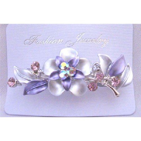 HA489 Amethyst Crystals Enamel Flower Bridal Hair Barrette Wedding Hair Barrette Clip