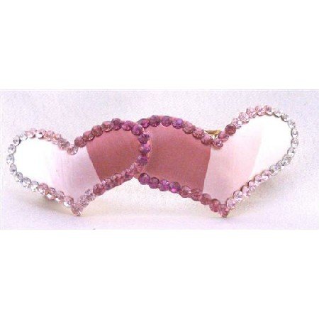 HA475 Heart Hair Clip Heart Hand Painted & Decorated w/ Fuschia Rose & Clear Crystals Hair Barrette