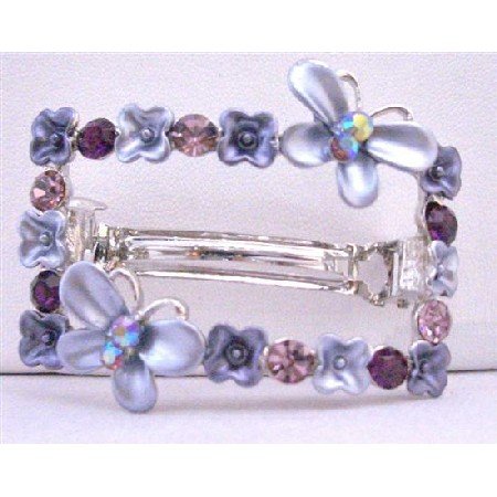 HA492 Purple Crystals Flower Butterfuly Rectangular Hair BarretteFlower Butterfly Hair Barrette