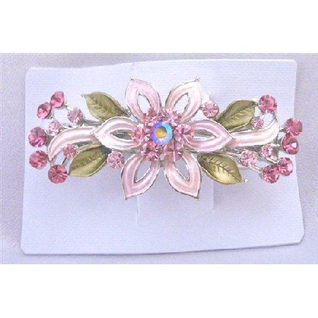 HA490Hair Barrette Barret Pink Flower Enamel w/ Green Leavs Fully Decorated With Pink Crystals