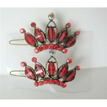 HA184 Seduction Red Crown Hair Clip Pair Of Crown Hair Clip Sparkling Crystals Clip