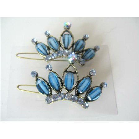 HA126 Pair Of Hair Clip Sophisticated Blue Crown w/ Crystals Sparkling Hair Clip