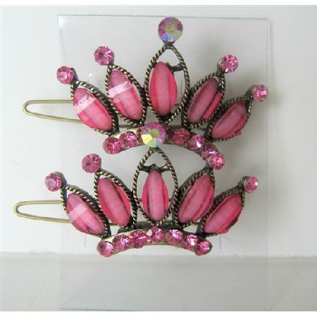 HA180 Pink Hair Accessories Crown Sparkling Pink Crystals Crown Hair Pair Clip