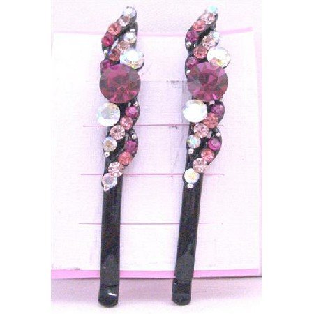 HA480 Fuschia Rose Crystals Fancy Hair Pin w/ Fuschia Rose Clear Crystals