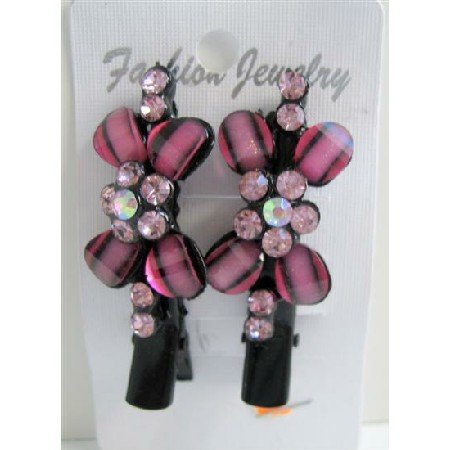HA176 Hair Clamps Pair Vintage Pink Flower Encrusted w/ Rose Pink Crystals Pretty Hair Clamp