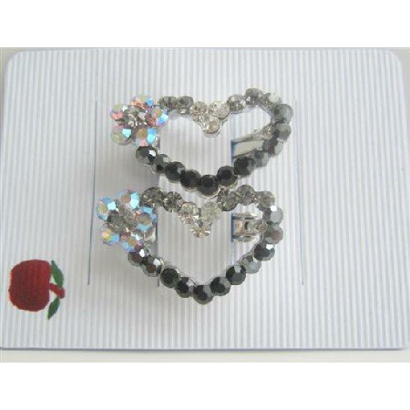HA143 Flower Heart Austrian Crystals Hair Barrette Jet Crystals Heart Hair Barrette Clip