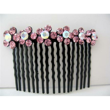 HA195 Bridal Hair Accessories Rose Pink Flower Crystals Comb Barrette